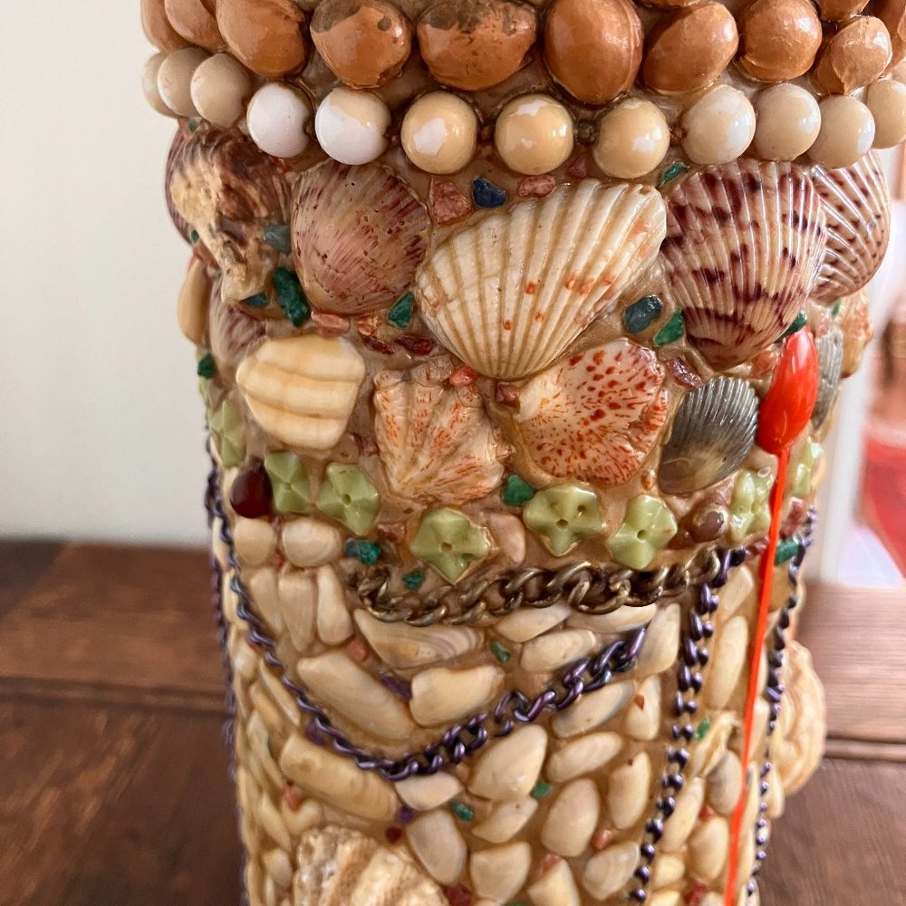 Quirky Tramp Art Vase - Shells, Beads, McDonald's Spoons -1970's - One of a Kind - Picture 5 of 9